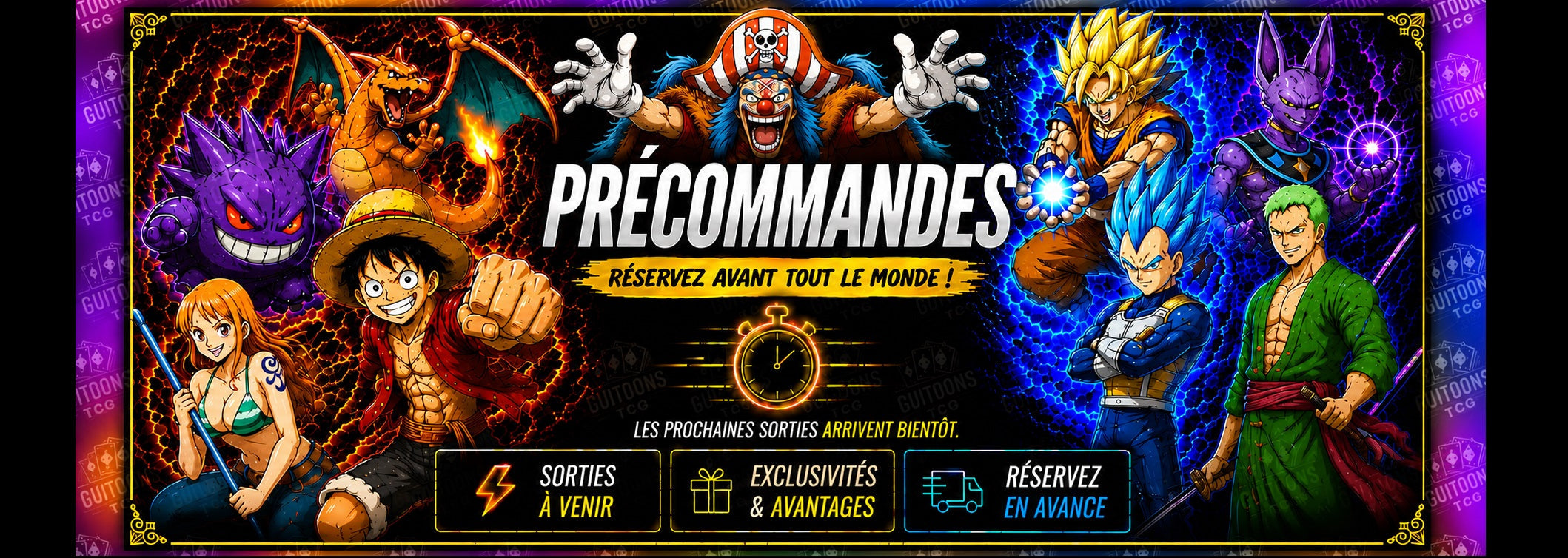 One Piece Card Game officiel chez GUITOONS TCG : displays, boosters, starters, coffrets, accessoires et précommandes des dernières extensions.