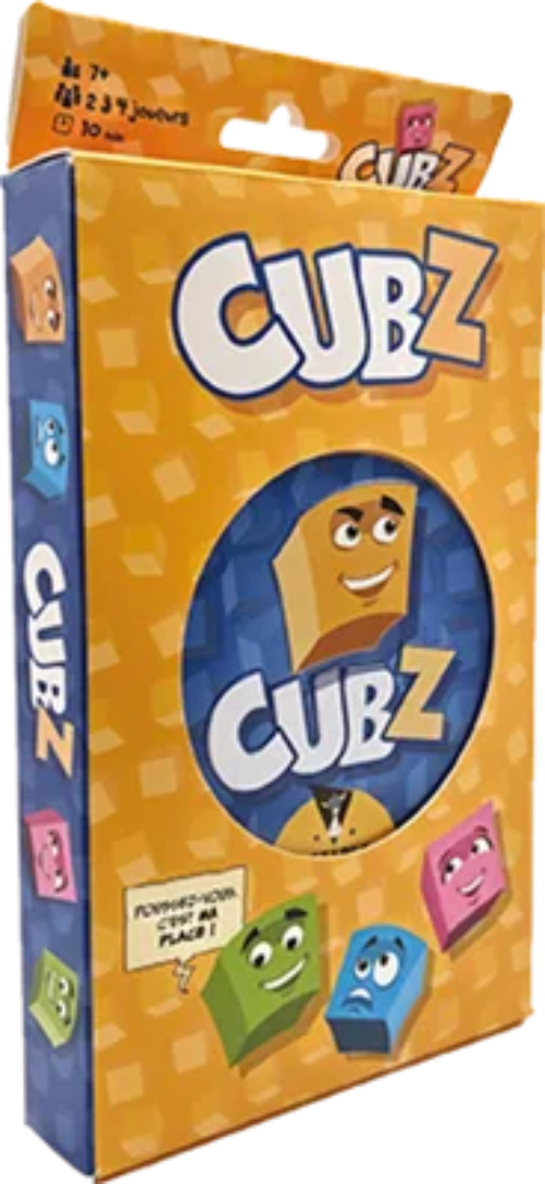 Boîte métallique et cubes colorés du jeu Cubz en français