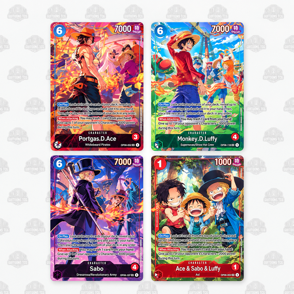 Quatre Character Cards exclusives Ace, Luffy, Sabo et Ace Sabo Luffy du One Piece Card Game 3rd Anniversary Set