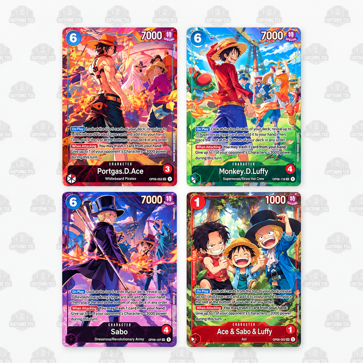 Quatre Character Cards exclusives Ace, Luffy, Sabo et Ace Sabo Luffy du One Piece Card Game 3rd Anniversary Set