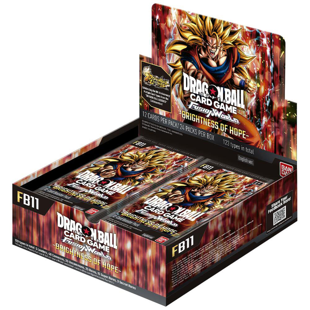 Display de 24 boosters Dragon Ball Super Fusion World FB11 Brightness of Hope en anglais, avec Son Goku Super Saiyan 3 sur la boîte.