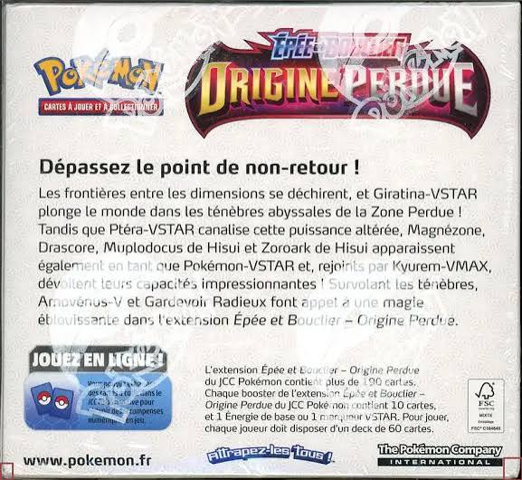Dos du display Pokémon EB11 Origine Perdue français avec présentation de l’extension Épée et Bouclier et Giratina-VSTAR