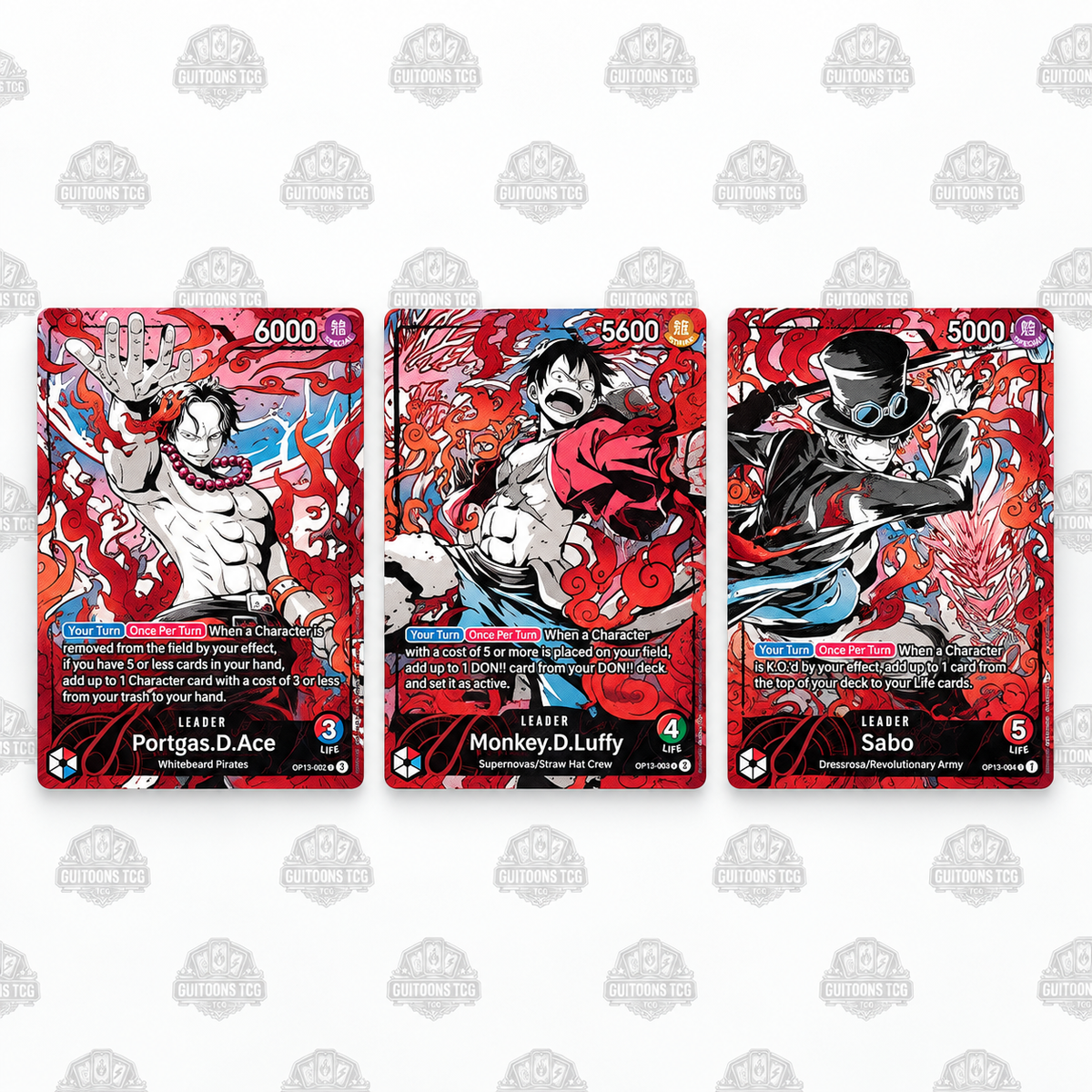 Cartes Leader Portgas D. Ace, Monkey D. Luffy et Sabo du One Piece Card Game 3rd Anniversary Set anglais