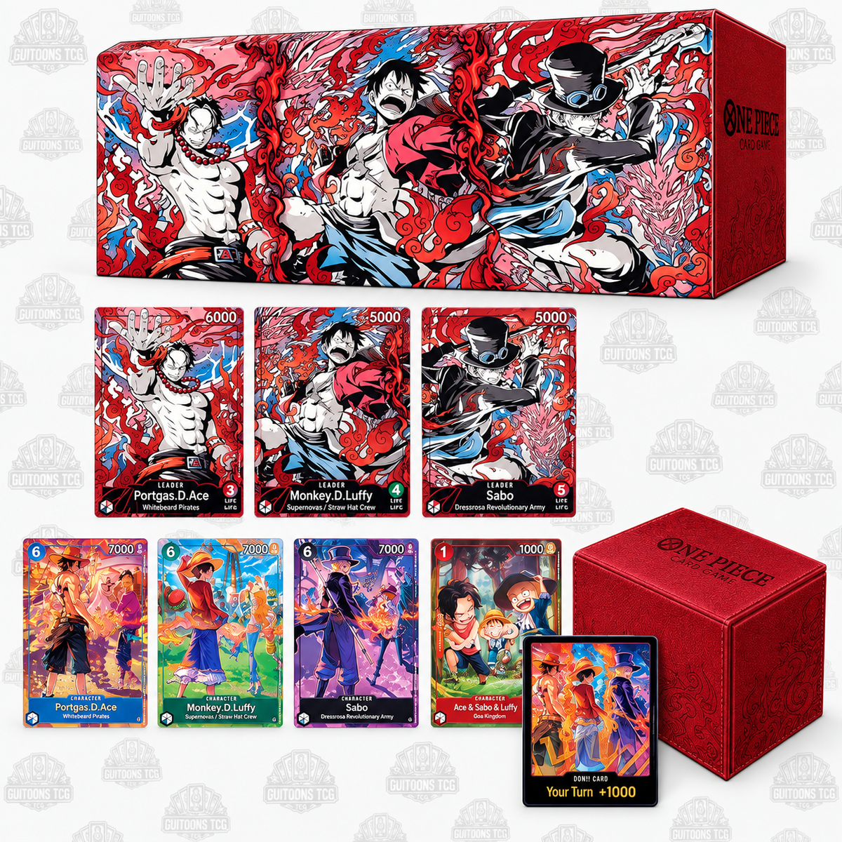 One Piece Card Game English Version 3rd Anniversary Set avec cartes Ace Luffy Sabo, Leather Card Case et Storage Box