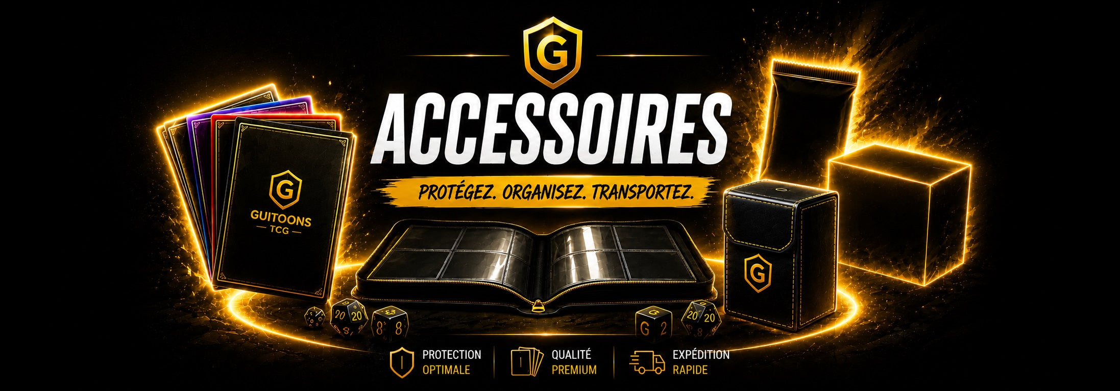 Accessoires TCG officiels chez GUITOONS TCG : protège-cartes, deck box, portfolios, tapis de jeu, toploaders et accessoires pour collectionneurs.