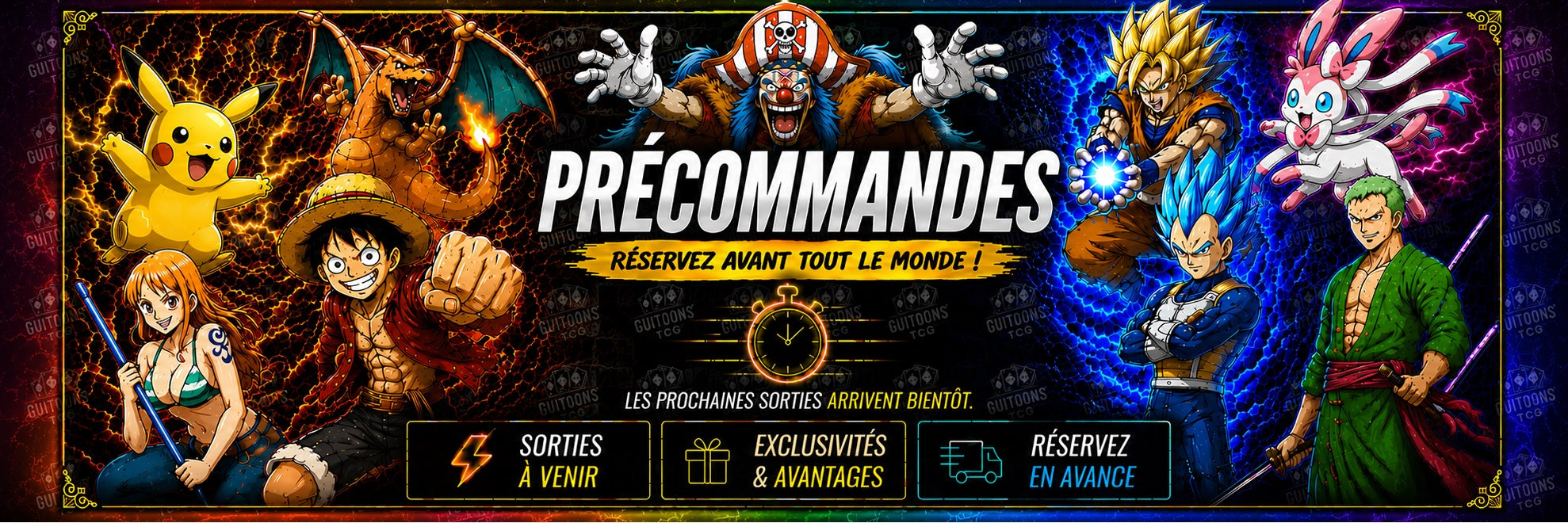 Collection de précommandes Pokémon TCG chez GUITOONS TCG avec displays, boosters, coffrets, Elite Trainer Box, collections spéciales et produits officiels Pokémon disponibles en précommande.