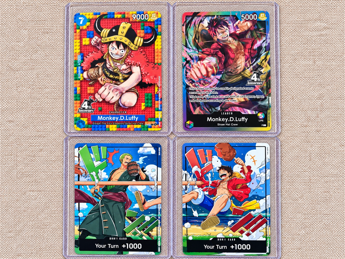 Lot cartes promo One Piece Card Game 4th Anniversary FR avec Monkey D. Luffy P-110, Leader Luffy et cartes DON!! collector