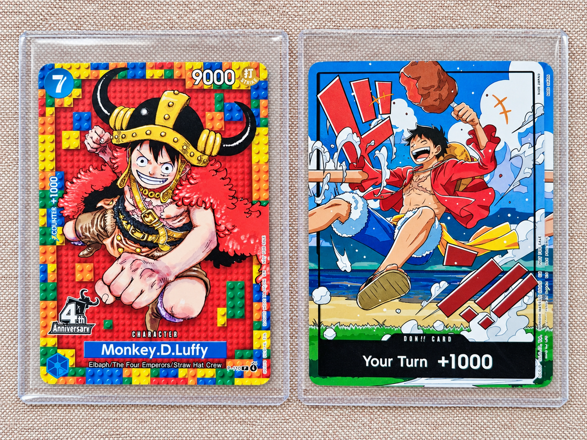 Cartes promo One Piece Card Game 4th Anniversary FR avec Monkey D. Luffy et carte DON!! Luffy Your Turn +1000