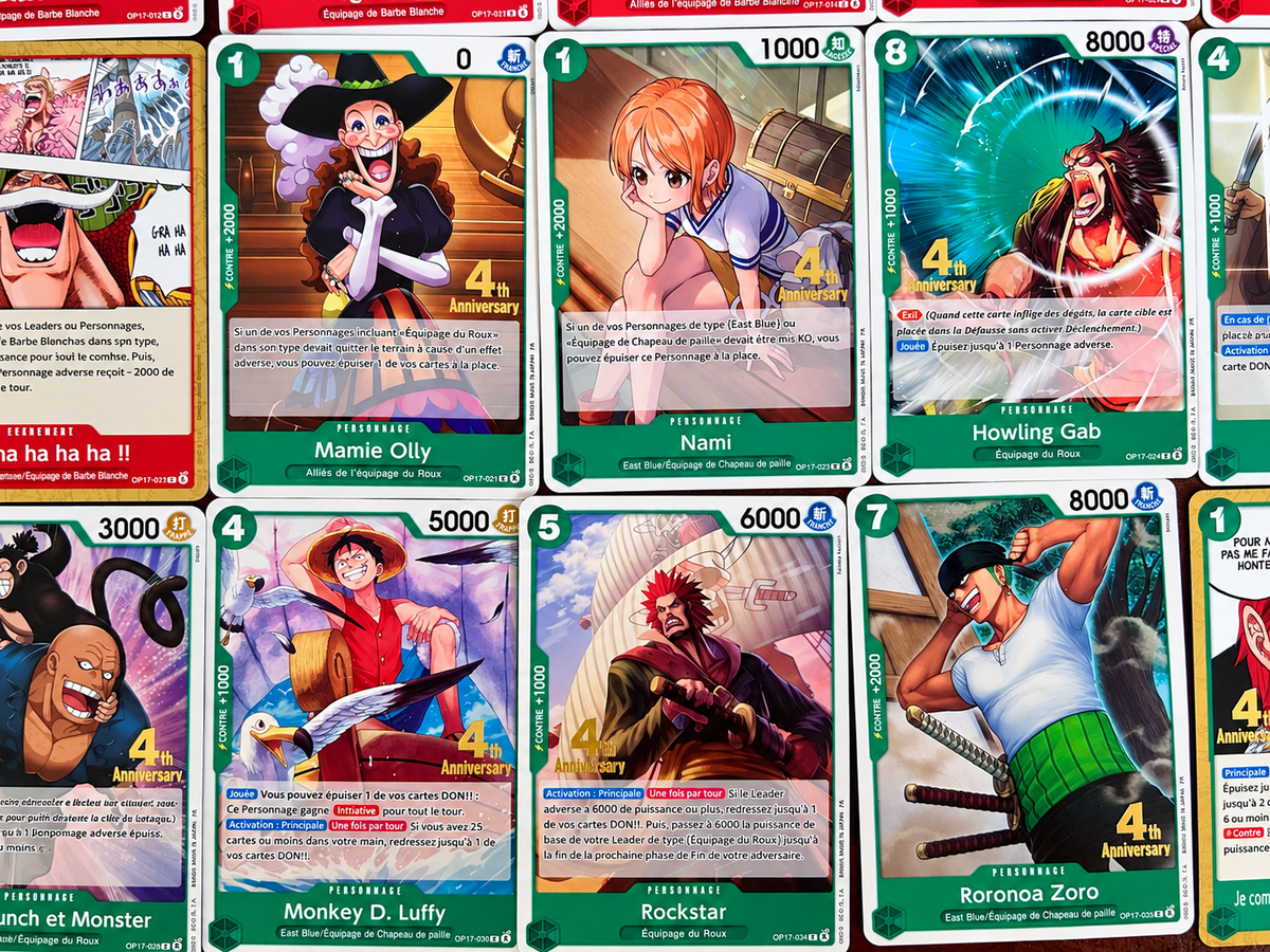 Full set 75 cartes promo One Piece Card Game OP17 4e Anniversaire français Near Mint+ – collection complète GUITOONS TCG
