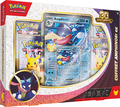 Coffret Amphinobi-ex Pokémon TCG 30e Anniversaire FR avec 4 boosters et carte promo brillante