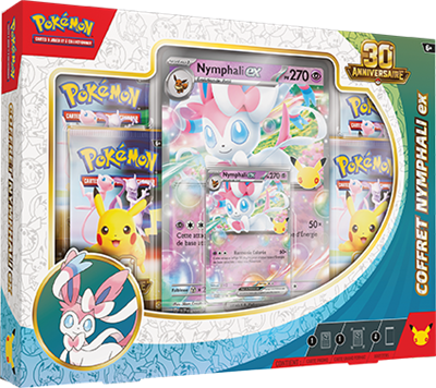Coffret Nymphali-ex Pokémon TCG 30e Anniversaire FR avec 4 boosters et carte promo brillante