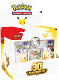 Pack 2 Boosters Pokémon TCG 30e Anniversaire Évoli FR avec carte brillante et pièce Pikachu