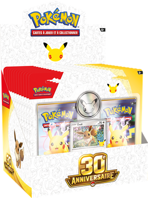 Pack 2 Boosters Pokémon TCG 30e Anniversaire Évoli FR avec carte brillante et pièce Pikachu