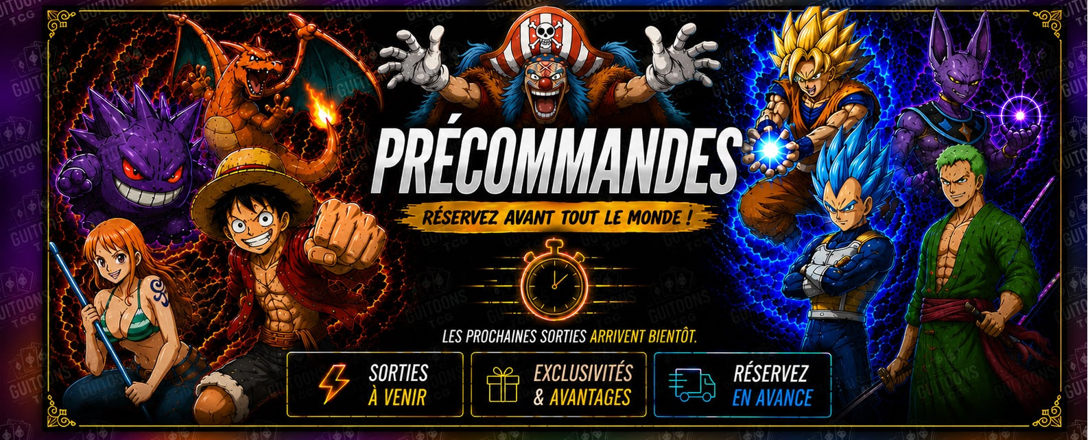 Précommandes de jeux de cartes à collectionner chez GUITOONS TCG : One Piece Card Game, Pokémon, Dragon Ball Super Card Game et autres TCG officiels.